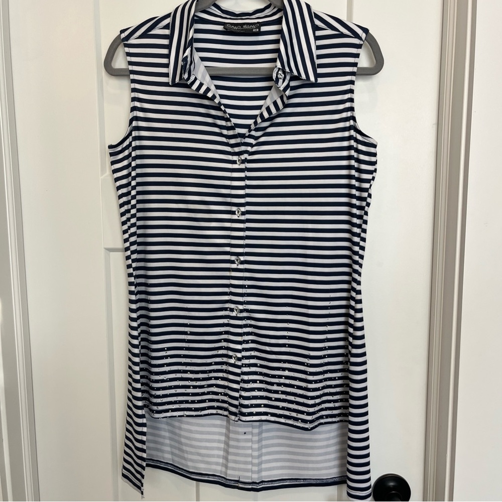 Tango Mango Women’s Sleeveless Button Up Striped‎ Rhinestone Blouse Size Medium
